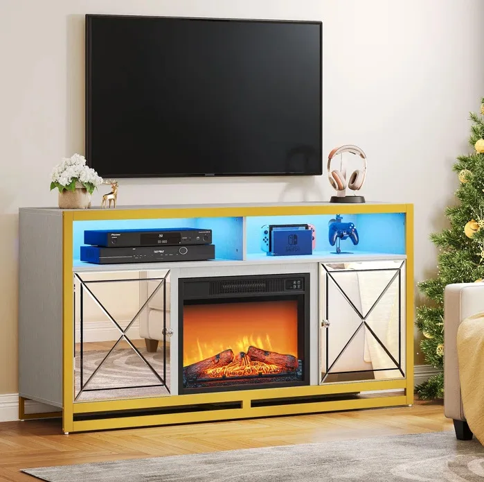 

Modern home fireplace TV cabinet with two doors and two drawers for storage, metal floor stand and simulated flame