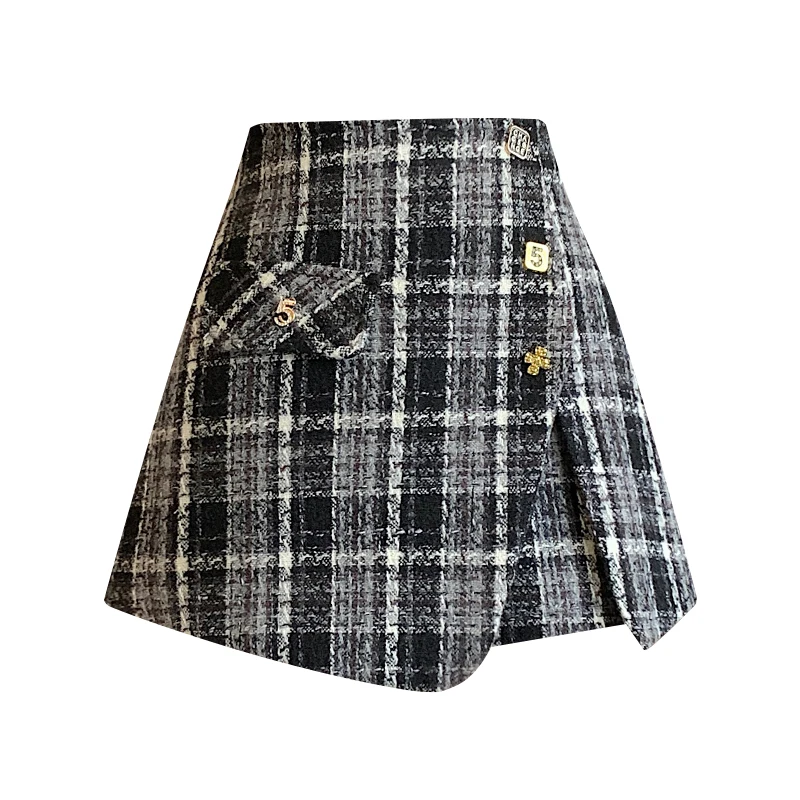 2023 Autumn/Winter High Waist Irregular A-line Slim Wool Plaid Small Fragrant Short Skirt Pants