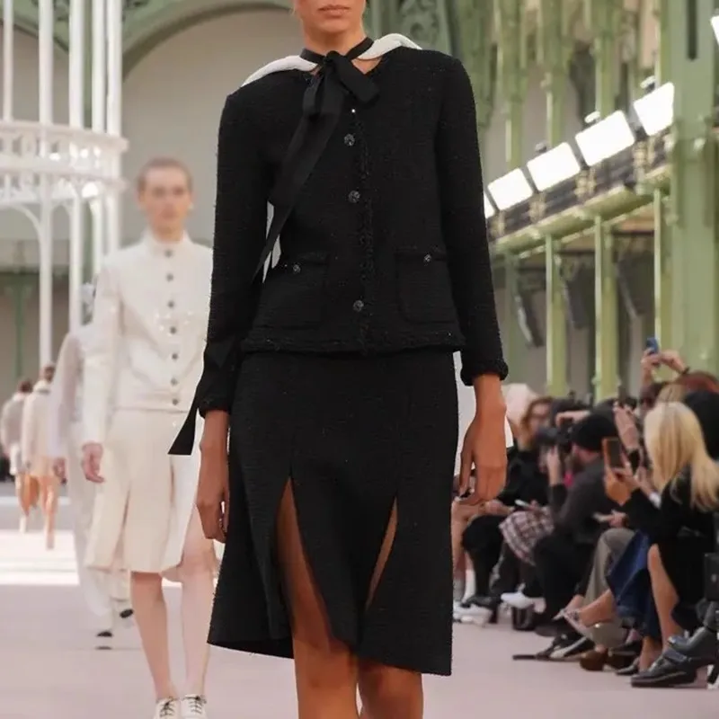 مجموعة Shang Yangqi العصرية الفاخرة الفاخرة ذات الإحساس العالي، معطف نحيف، مجموعة نصف تنورة منقسمة متعددة الاستخدامات من الزهور الخشنة، اثنان Pi #5