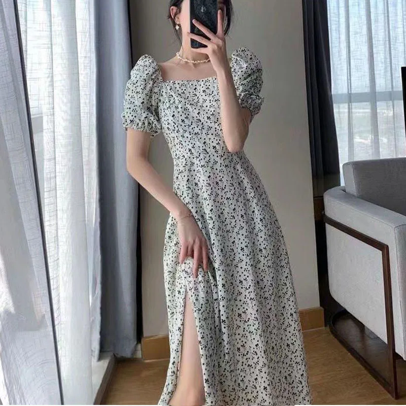 French Women Vintage Printing Floral Corset Puff Sleeve Temperament Summer Sweet Elegance Square Neck Forking Floral Dress