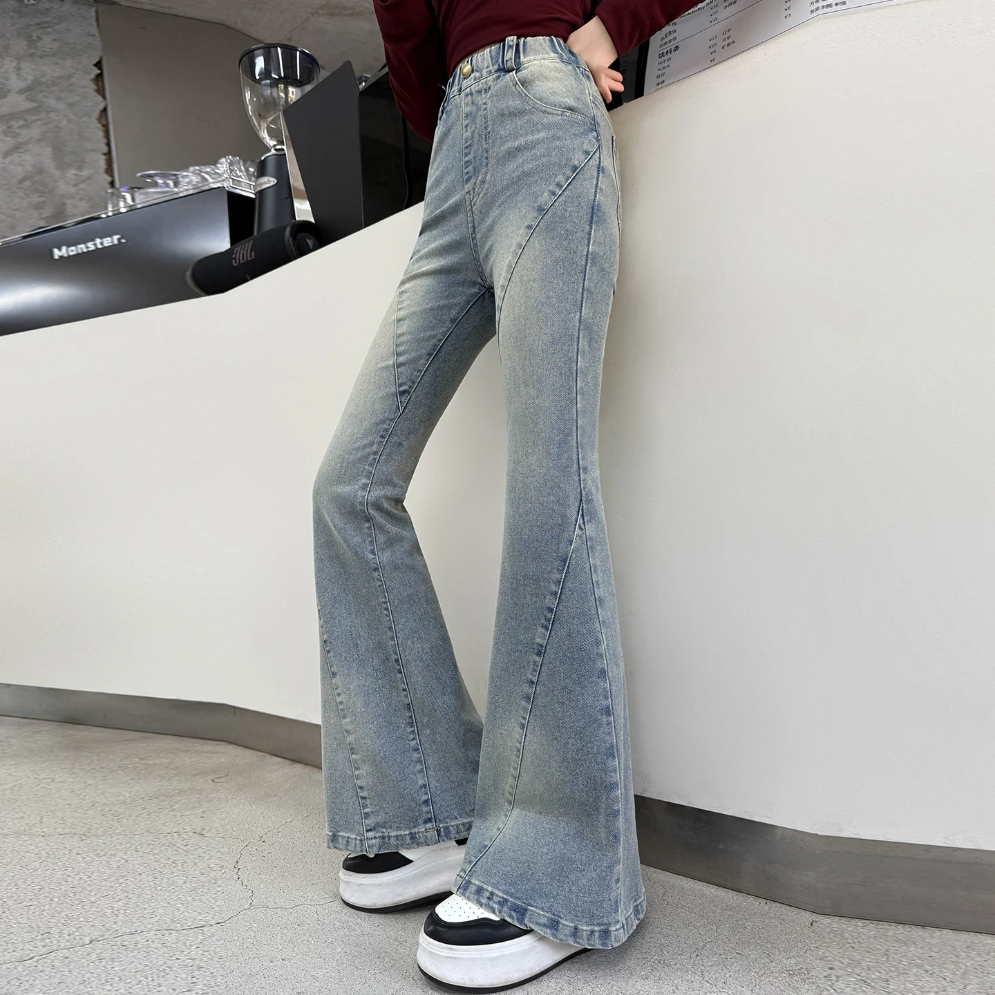 

2025 Autumn New Children's Trumpet Jeans Winter Girls' Patchwork Pants Spring Baby's Back to School Student Pants