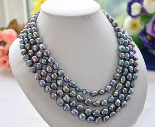 

Long 60" NATURE 8-10MM BLACK BAROQUE freshwater pearl necklace Fine jewelry