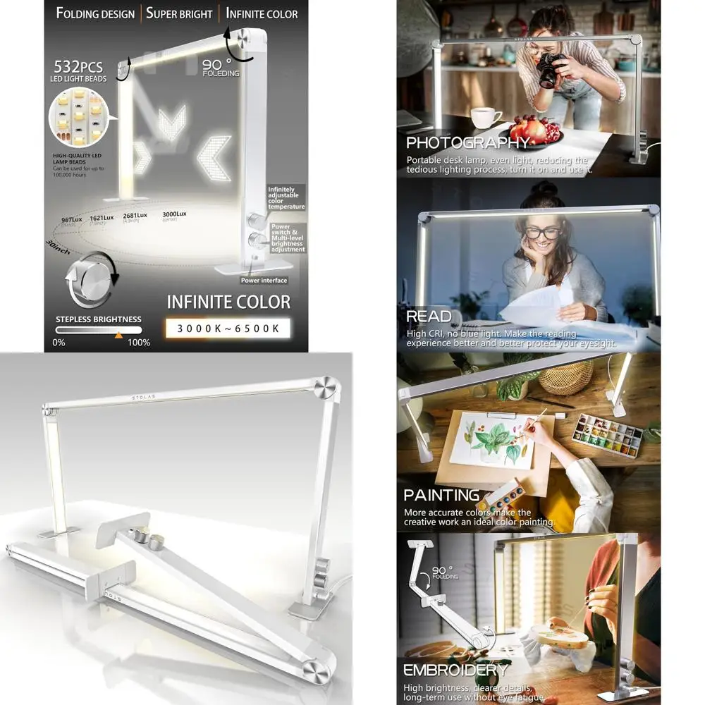 

36W Adjustable LED Desk Lamp, 4000-6000K, 3 Modes, Square Light for Study, Crafting - White