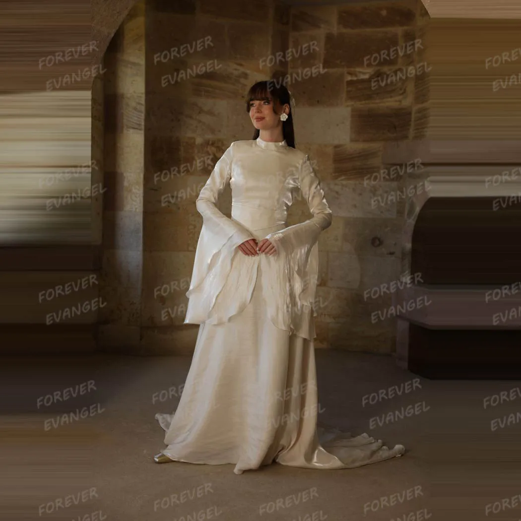 

Simple A Line Muslim Wedding Dresses Woman's Flare Sleeve Bride Gowns Formal High Neck 2025 Vestidos De Novia فساتين سه
