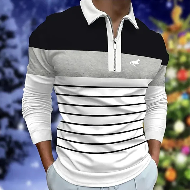 Spring Autumn New Men Clothes Long Sleeve Zipper Stripe Polo Shirt Men Sport Quick Drying Polyester Turn-down Collar Polo Shirt image 2
