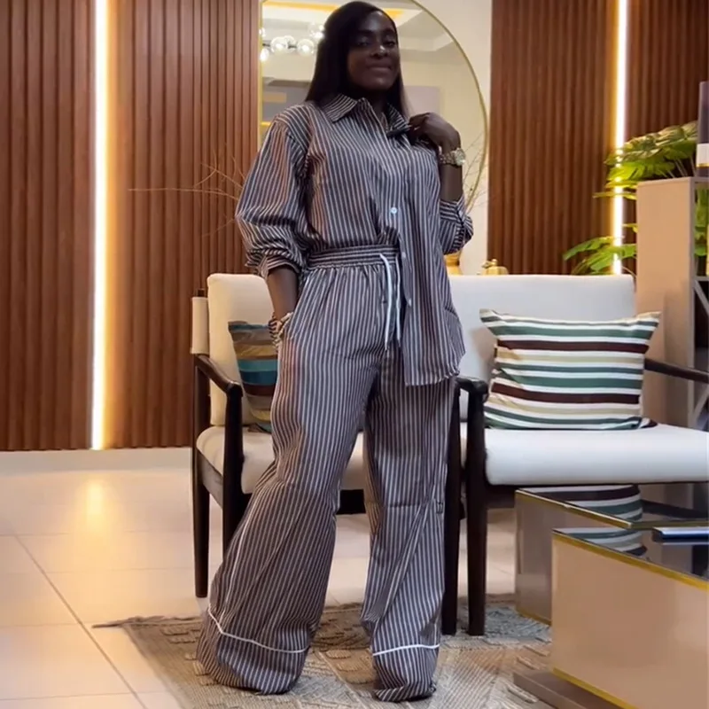2025 Summer New Women's Two Piece Fashion Striped Buckle Long Sleeve Shirt Wide Leg Pants Casual Set