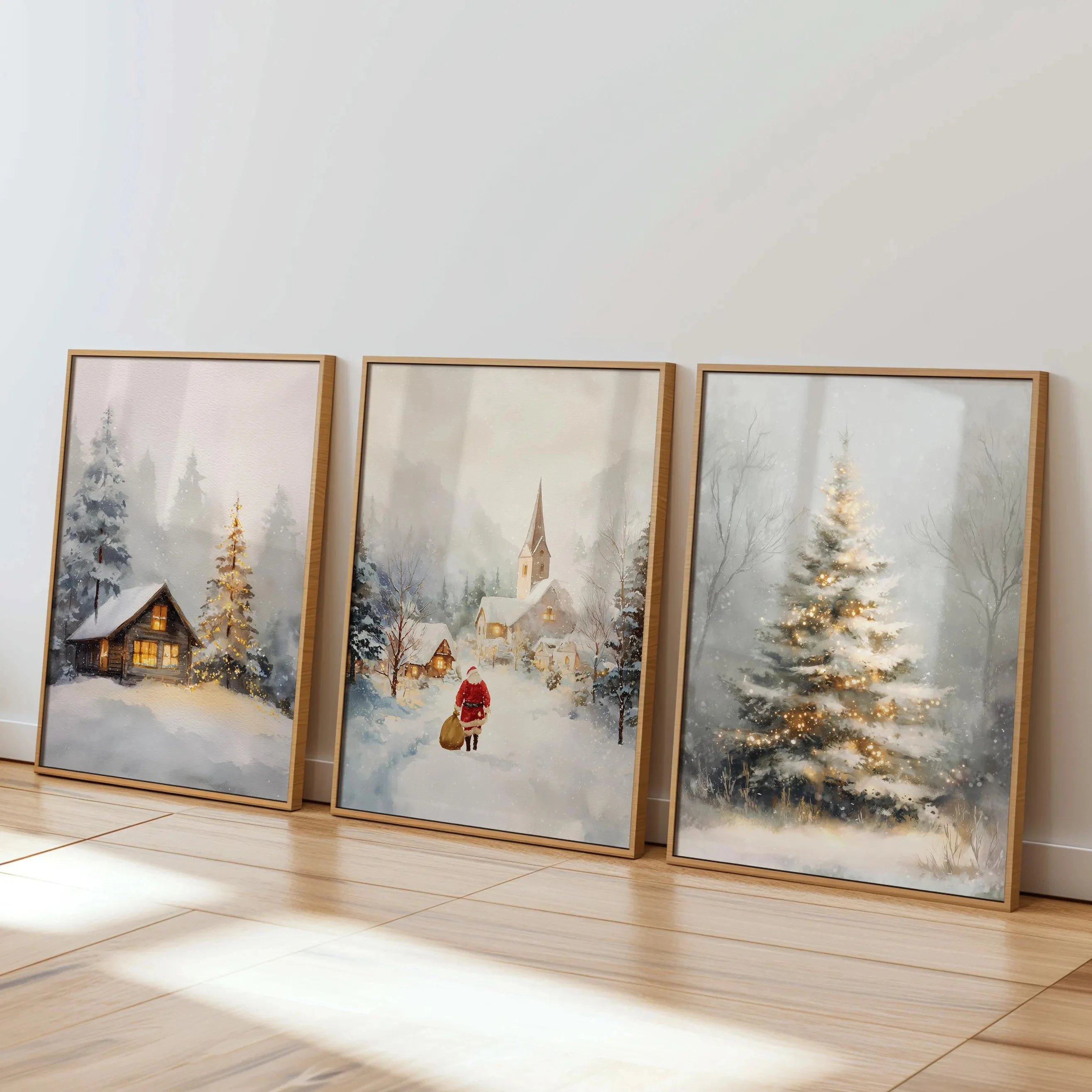Art mural de noël 3 pièces, impression de cabine d'hiver confortable, affiche de père noël du Village enneigé, arbre de vacances festif, décorations de noël rustiques