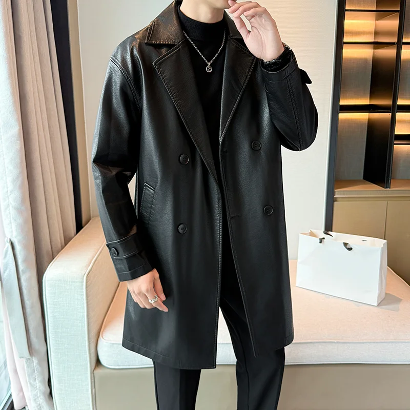 

Осенняя мужская черная куртка из искусственной кожи, мужской крутой плащ большого размера, мужская длинная ветровка, уличная двубортная роскошная одежда