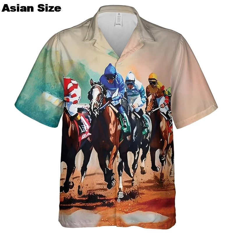 Hawaii Holiday Shirt Men's Clothing 3D Printed Funny Animal Pattern Shirts 2025 Fashion Trend Horse Racing Short Sleeves Blouse