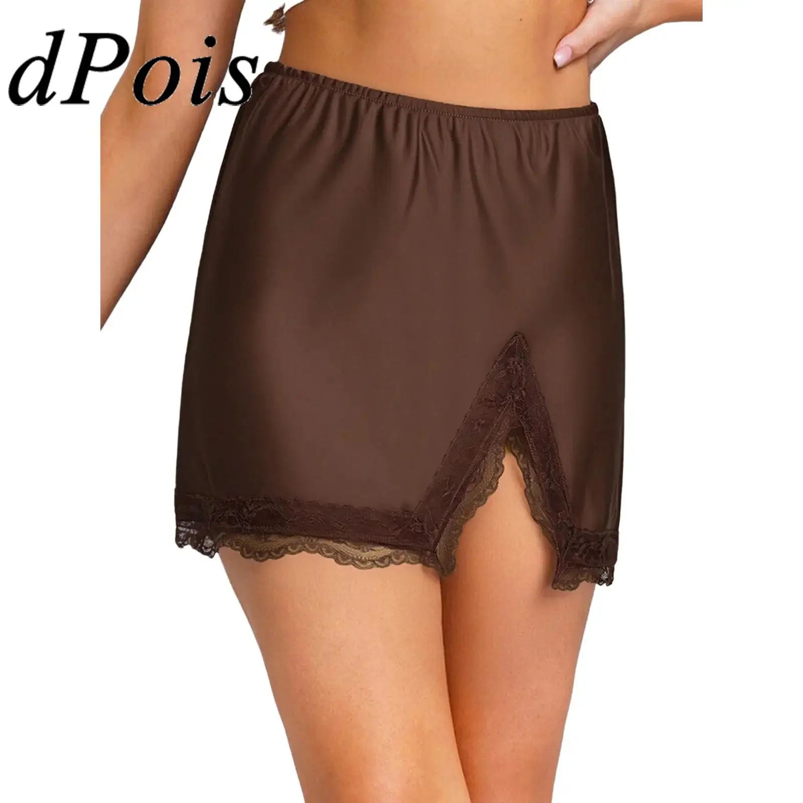 

Womens High Waist Mini Skirt Lace Trim Split Hem Elastic Waistband Satiny Half Slip Underskirt Bodycon Skirt Summer Faldas Mujer