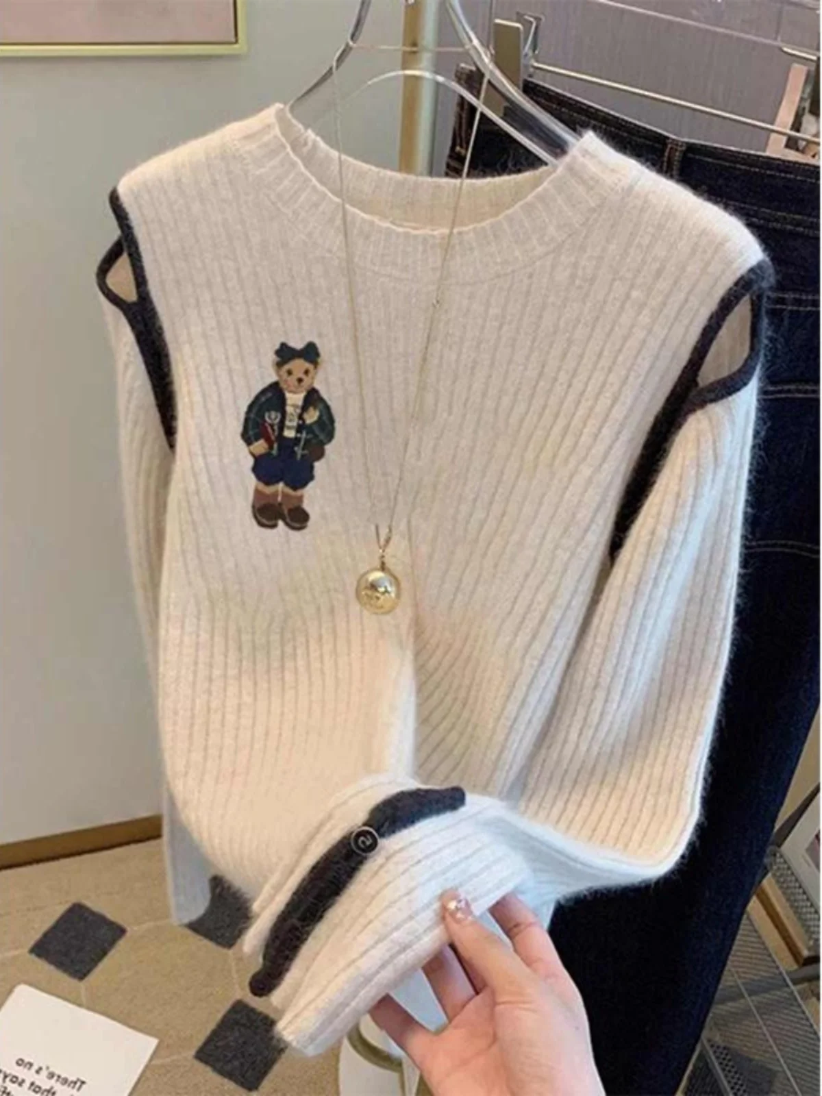 

Японский ленивый медведь, круглый трикотаж Ne, женский осенне-зимний европейский дизайн, цветной воротник, о плечо, опорная основа...