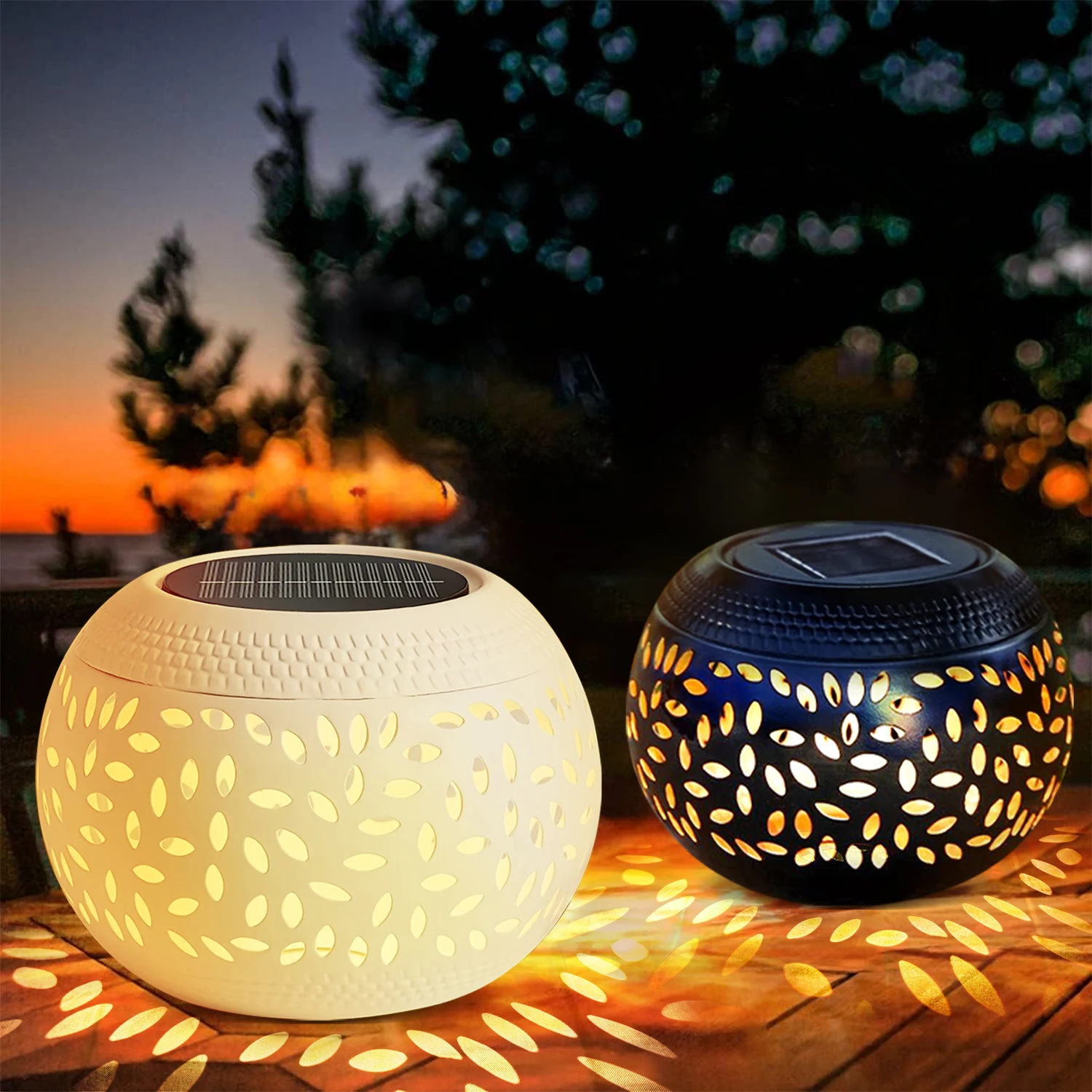 

1/2 Pack Solar Lantern Halloween Decorations Outdoor, White/Black/Bronze Metal LED Solar Lantern for Patio Porch Garden