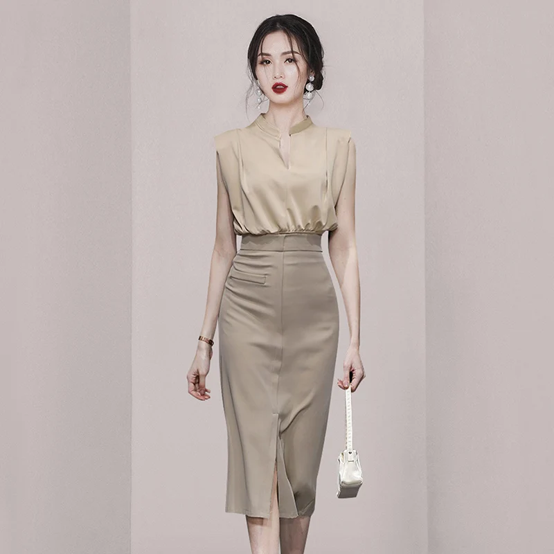 

Temperament Solid Ladies Office Summer Bodycon Two Piece Set For Women Sleeveless V Neck Top +High Waist Split Pencil Skirt Suit