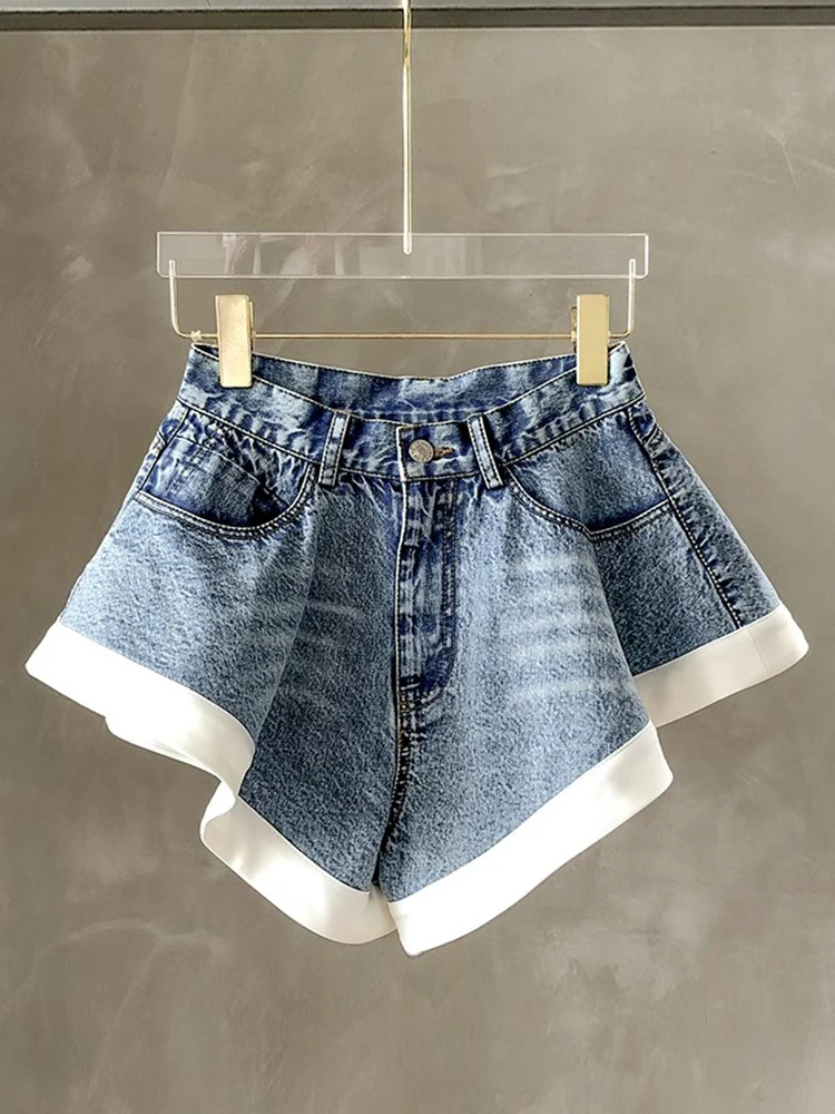 CHICEVER Hit Color Knitting Denim Shorts For Women High Waist Spliced Button Casual Loose Short Pants Female Fashion New Summer