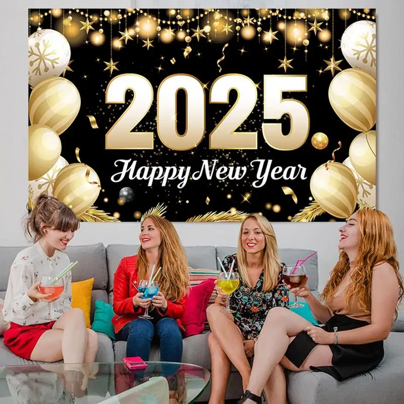 New Year Banner 2025 New Years Banner Backdrop Decorations Black And Gold Balloon Theme 70 X43 Inches NYE Banner  Parties