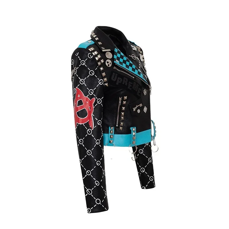 Women Print Faux Leather Jackets Slim Short Outerwear Streetwear Metal Punk Chain Rivet Moto & Biker Leather Coat Jaquetas