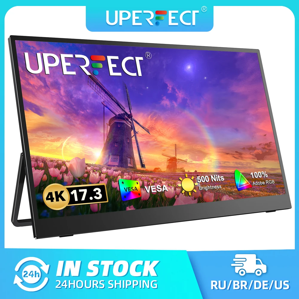 شاشة UPERFECT UColor J5 المحمولة بدقة 4K مقاس 17.3 بوصة، تدعم تقنية Adobe RGB UHD وتقنية FreeSync HDR مع مكبرات صوت وشاشة سفر للعناية بالعين لأجهزة PS5/4 وسطح المكتب والكمبيوتر المحمول والهاتف