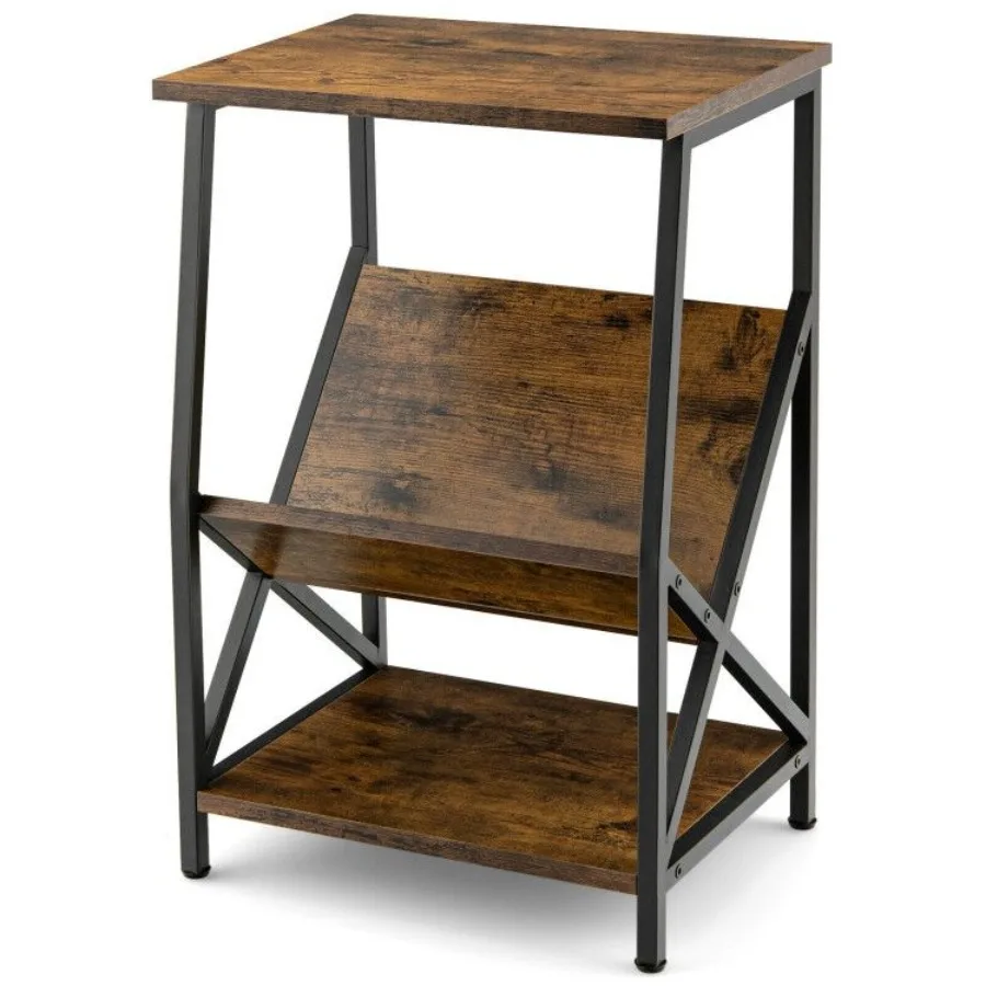 

3Tier Industrial Side Table with Vshaped Bookshelf for Living Room