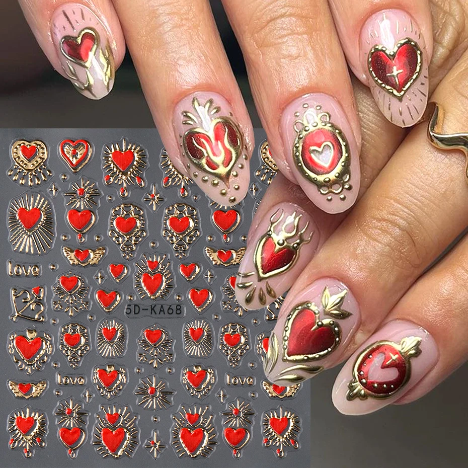 2pcs 3D Heart Sun Star Nail Art Stickers Decals Gold Silver Red Romantic Valentine Adhesive Slider Charms 5D Nail Art Decoration
