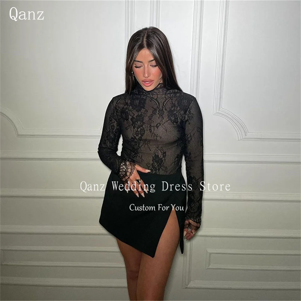 Qanz Sexy High Quality Prom Dress High Neck Lace Short Birthday Dresses Luxury Mermaid Long Sleeves Cocktail Dresses Customized