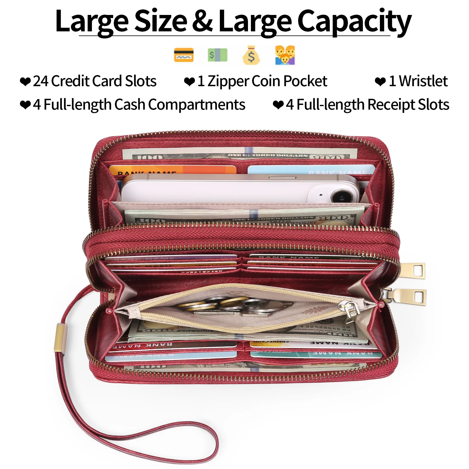 

Женский RFID противоугонный длинный кошелек с двойной молнией, клатч большой емкости, двухслойный кошелек из мягкой кожи с ручкой