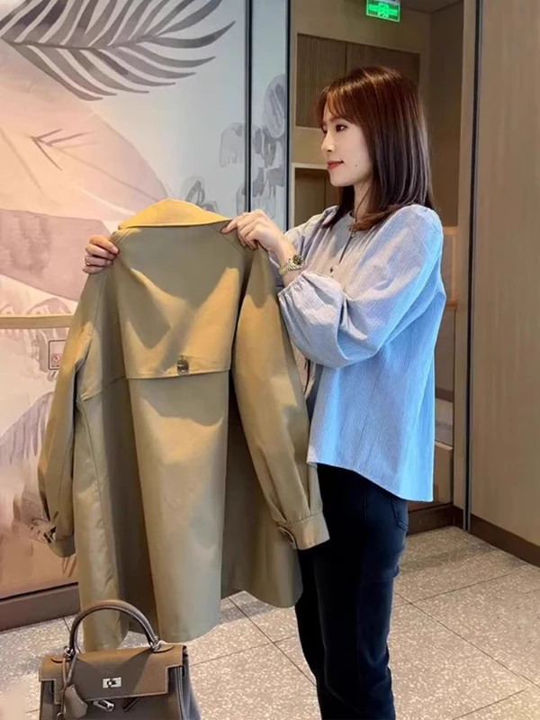 Khaki Color Coat Jacket Women's Spring Autumn Winter New Style European Fashion Small Size Elegant Medium Length Coat
