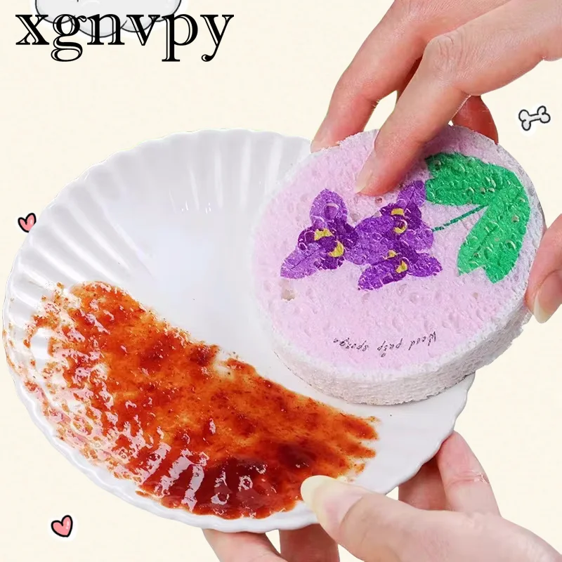 xgnvpy Wood pulp sponge rags kitchen cleaning dishwashing sponge scouring pads round flowers compressed wood pulp cotton