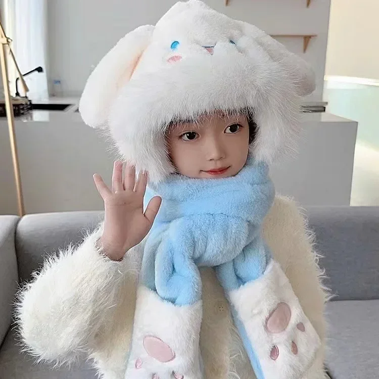 

Sanrio Hello Kitty Cinnamoroll Kuromi My Melody Plush Scarf Hat Gloves Three-piece in One Female Winter Thickened Girls Gifts