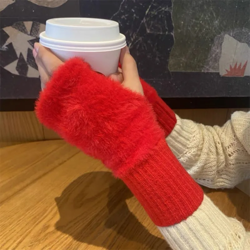 Plush Half Finger Glove Women Winter Solid Color Knitted Thicken Writing Working Soft Fluffy Warm Fashion Fingerless Wrist Guard