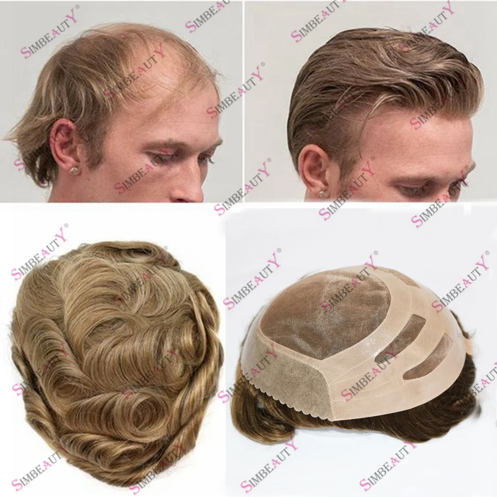 

European Blonde Human Hair Breathable Base Mono PU Welded Men's Wig Gray Hair Durable Human Hair Toupee Prosthesis System