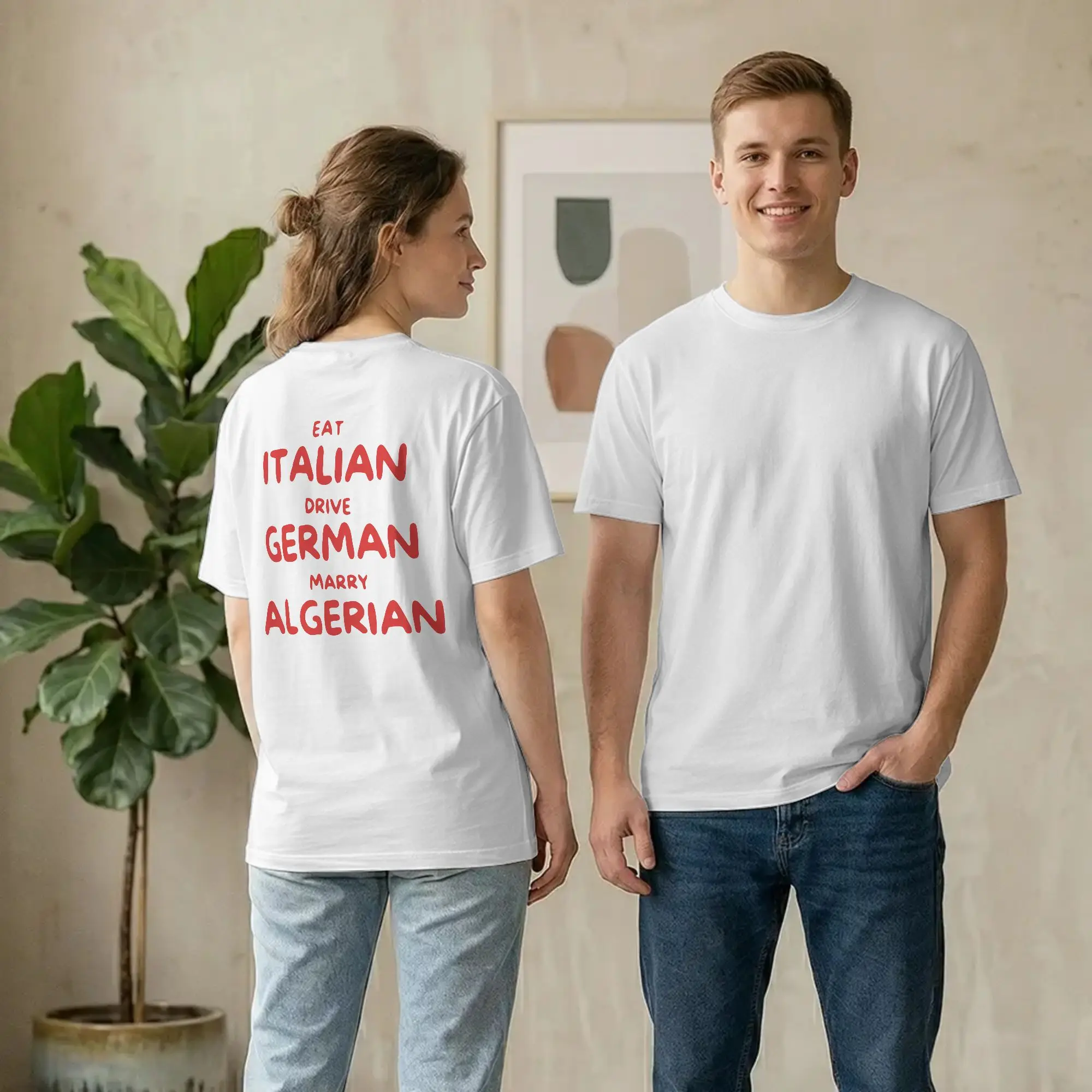 Backprint Funny Eat Italian Drive German Marry Algerian T-Shirt Men 100% Cotton T Shirts Funny Short Sleeve Tees Plus Size