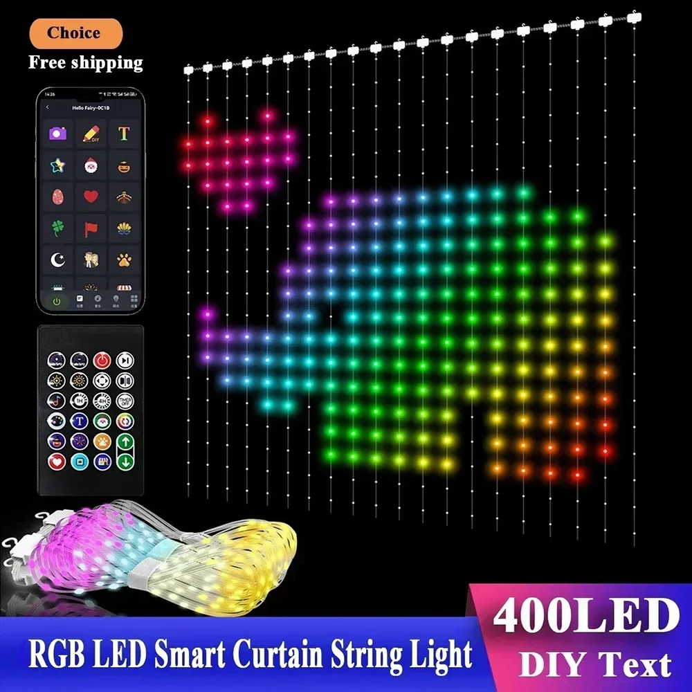 

1/2PCS 400LEDs Smart Curtain Lights Bluetooth App LED String RGB Fairy Lights DIY Music Change Display Window Bedroom Decoration