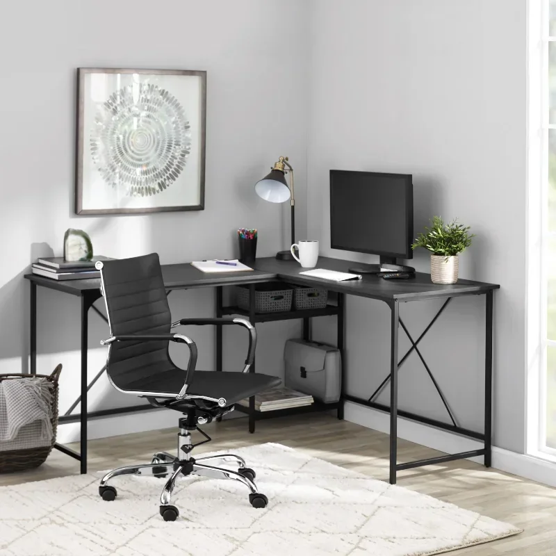 Mainstays Two-Way Convertible Desk with Lower Storage Shelf, Charcoal Finish and Black Metal Frame