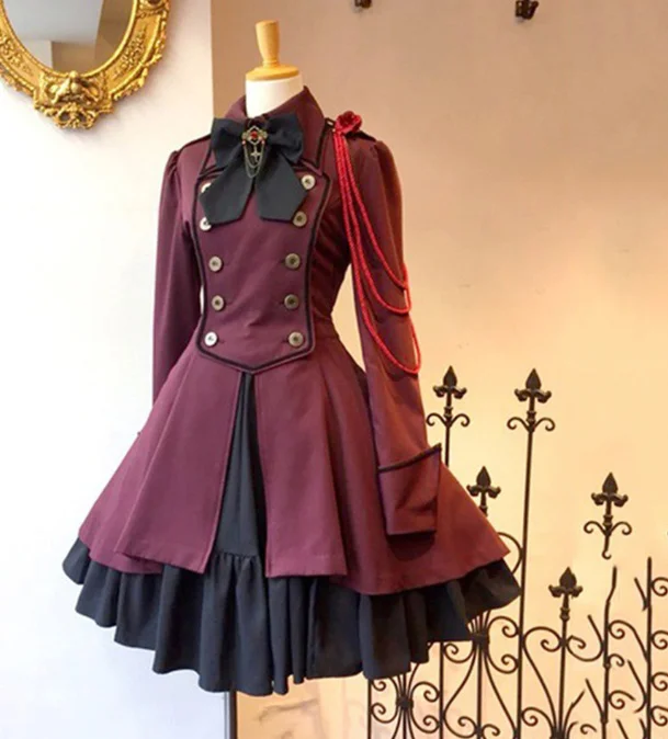 2022 Retro Gothic Lolita Dress OP Ruffled Bow Button Lace Knee Length Dress Long Sleeve Sweet