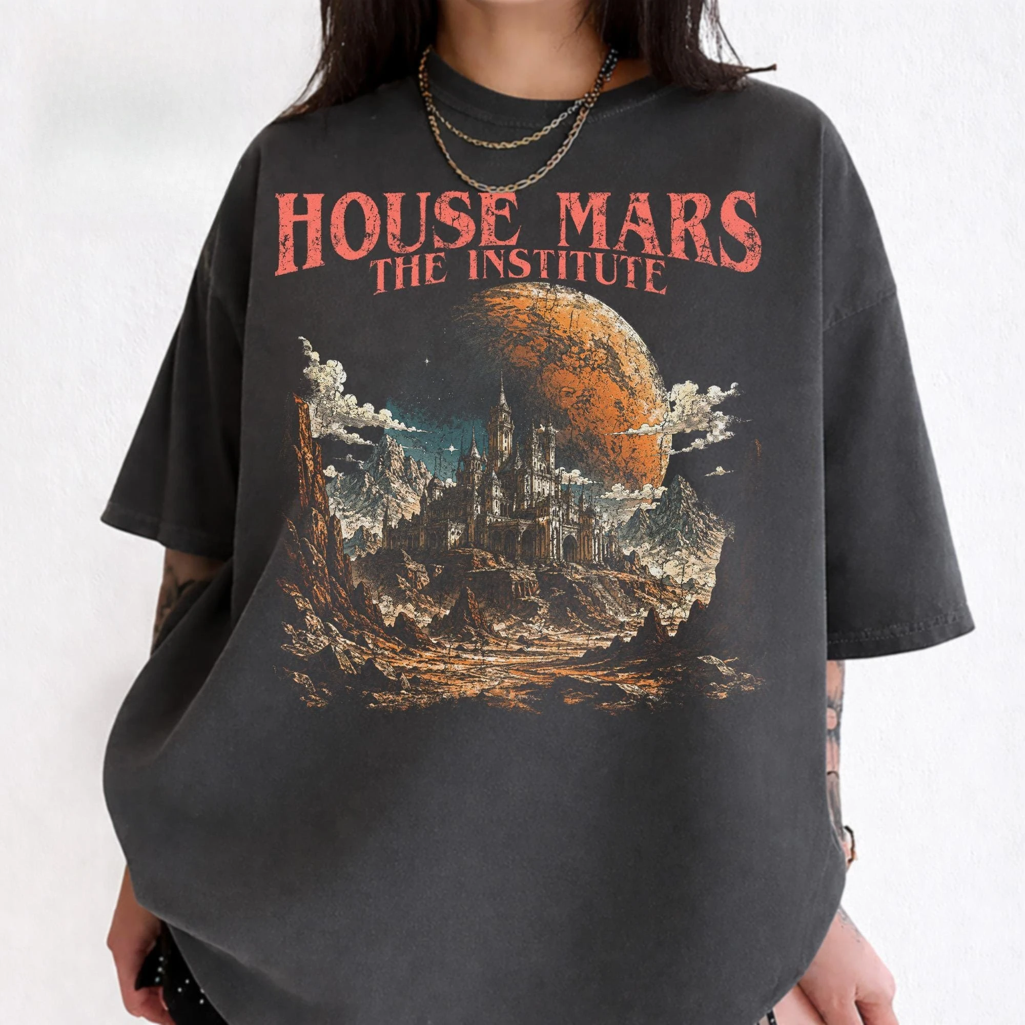 Gothic Castle Planet Shirt, Retro Sci Fi Pattern T-shirt, Vintage Space Planet T-shirt, Fantasy Planet Clothing