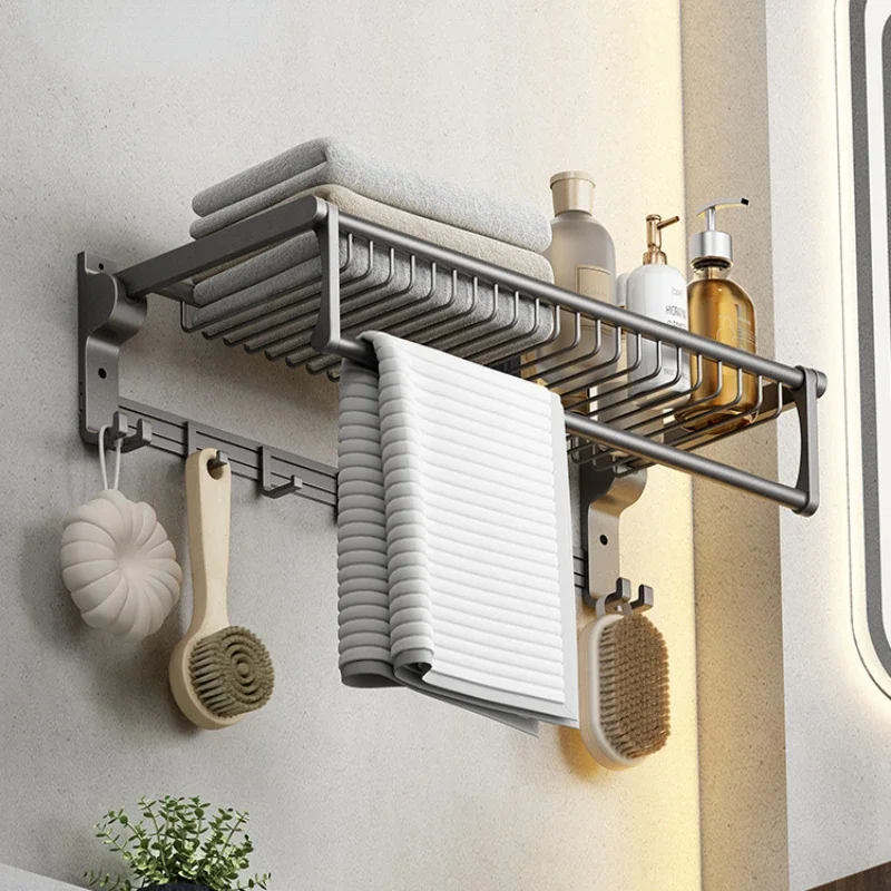 

Space Aluminum Towels Rack Multi-function Non-perforated Wall-mounted Bathroom Shelves Towel Storage Organizer