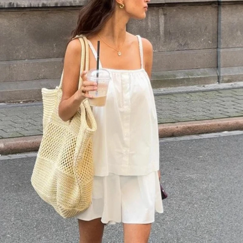 

Casual White Camisole Vest Shorts Two-piece Set for Women 2025 Autumn Loose Vacation Set Wholesale