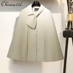 French Elegant Socialite Woolen Cloak Jacket Bow Collar Single-breasted Loose Temperament Commuter Wool Capes Coats Women Winter