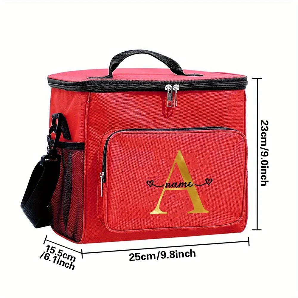 Customizable Name Red Lunch Bag Insulated Handbag Multi Functional Picnic Lunch Box Waterproof Lunch Box Gold Letter Series