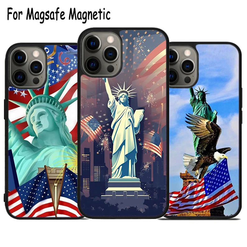 America Flag Statue of Liberty Wireless Charge Magsafe Phone Case For iPhone 15 16 14 13 11 12 Pro Max Plus Magnetic Cover