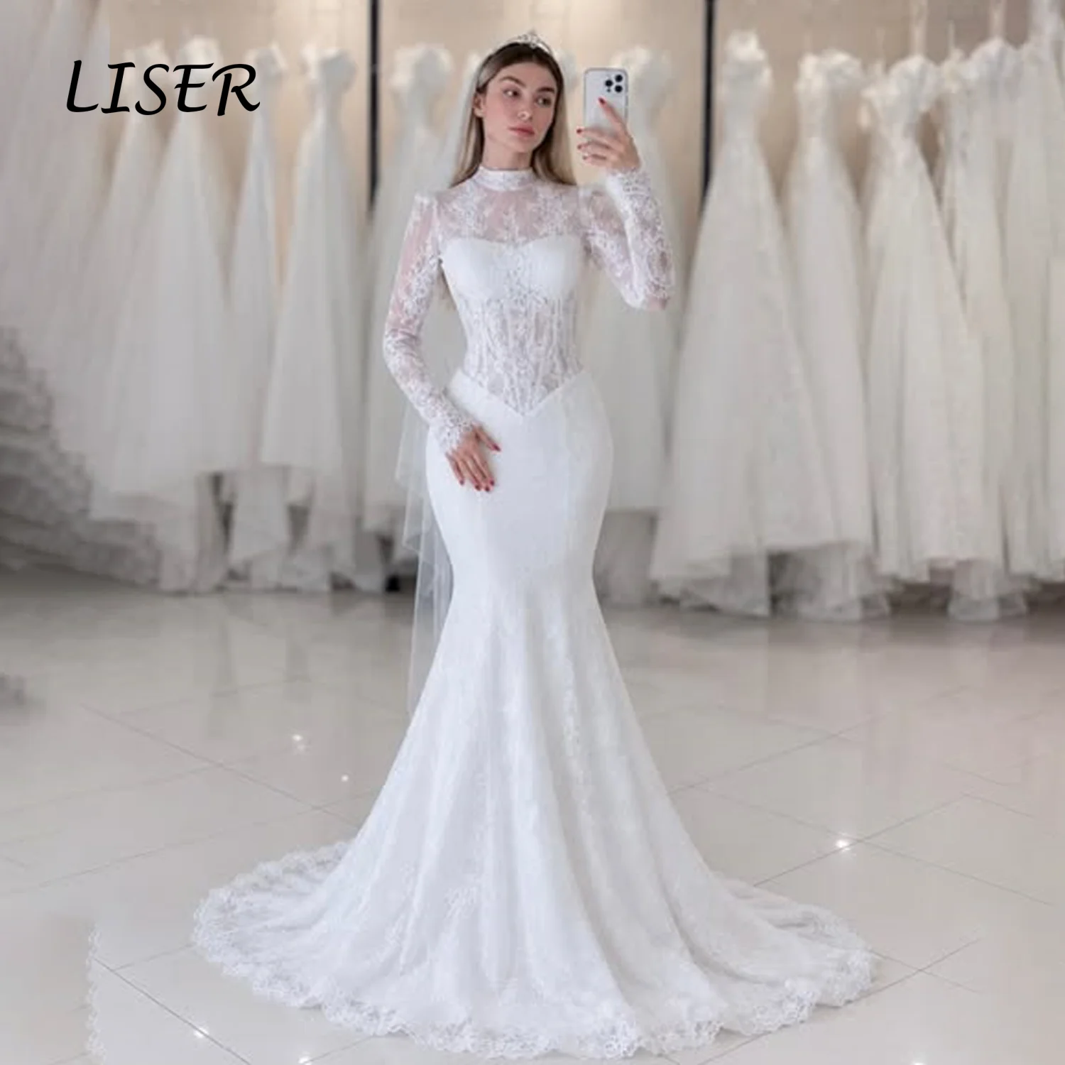 Liser Customize Ivory High Neck Sheer Long Lace Corset Mermaid Wedding Dress Slim Fitted Silhouette Scalloped Sweep Train 2026