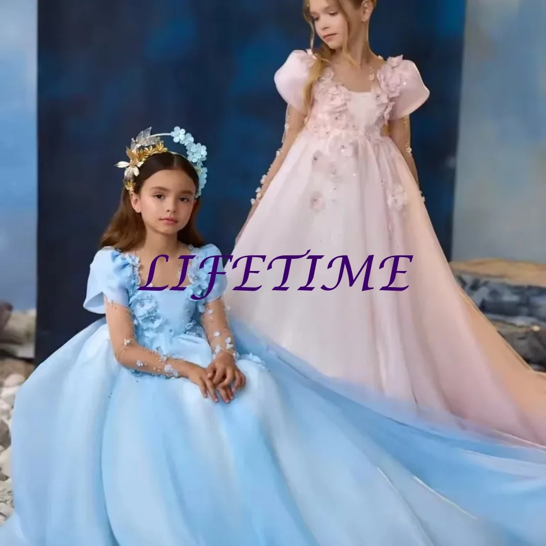 Customized Blush Pink Flower Girl Dress For Wedding Full Sleeves Flowers Floor Length Elegant Kids Quinceanera Pageant Prom Gown