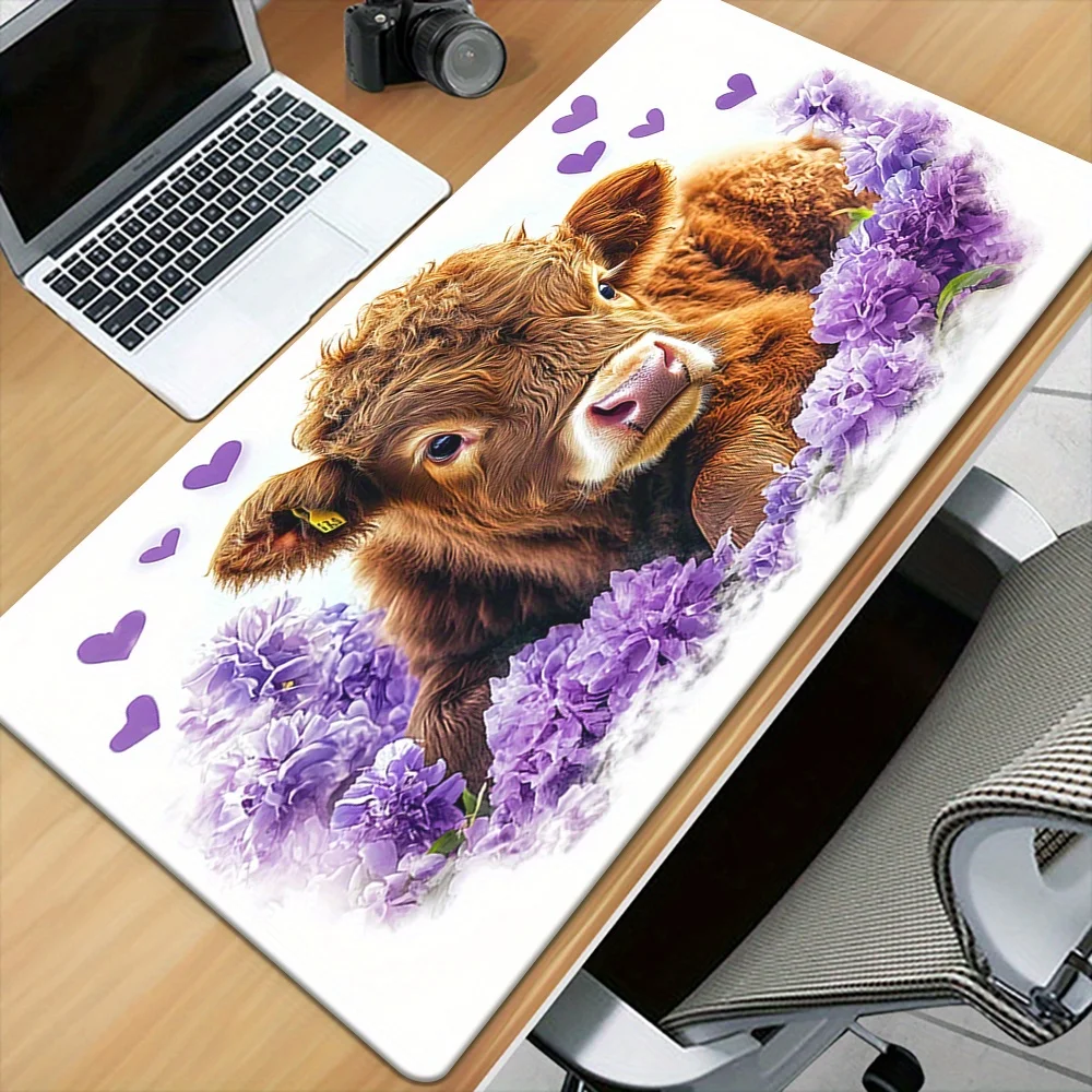 

Коврик для стола с милым изображением коровы и фиолетовых цветов, 1 шт., с нескользящей резиновой основой, многофункциональный, для декора офиса и компьютера
