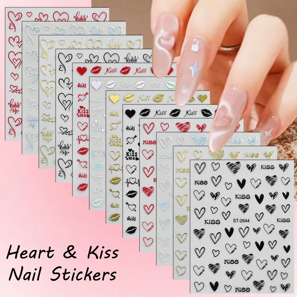 3/6/12 Blatt 3D Herz Kuss Lippen Nagelaufkleber Liebe Nagelkunst Abziehbilder Selbstklebende Valentinstag Maniküre Dekoration
