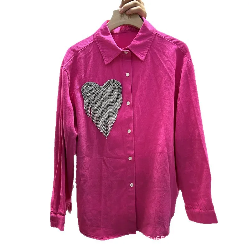 Solid Color Autumn Long Sleeve Women Shirts All-match Single-breasted Loose Cardigans Top Love Diamonds Casual Cotton Blouses