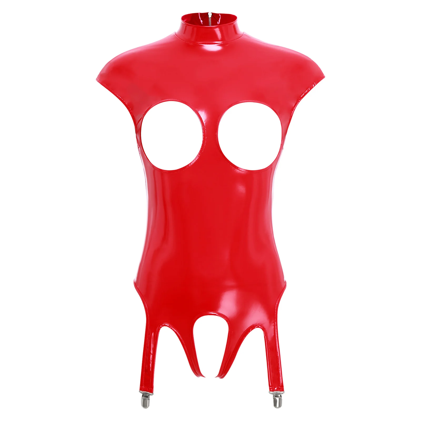 

Womens Lingerie Bodycon Mini Bodysuit Dress Bare Breast Open Chest Butt Hollow Out Patent Leather Sexy Open Nipple Teddy Costume