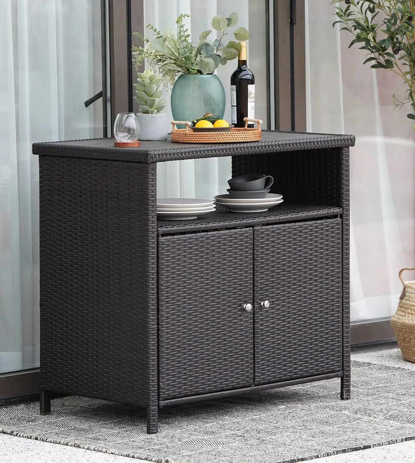 Wicker Storage Cabinet Outdoor Waterproof Prep and Bar Table with Two Doors and Shelves 36