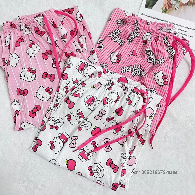 Sanrio Hello Kitty Female Summer Pink Sleepy Pants Sweet Y2k Girl Trend Cute Printed Home Pants Loose Straight Tube Casual Pants