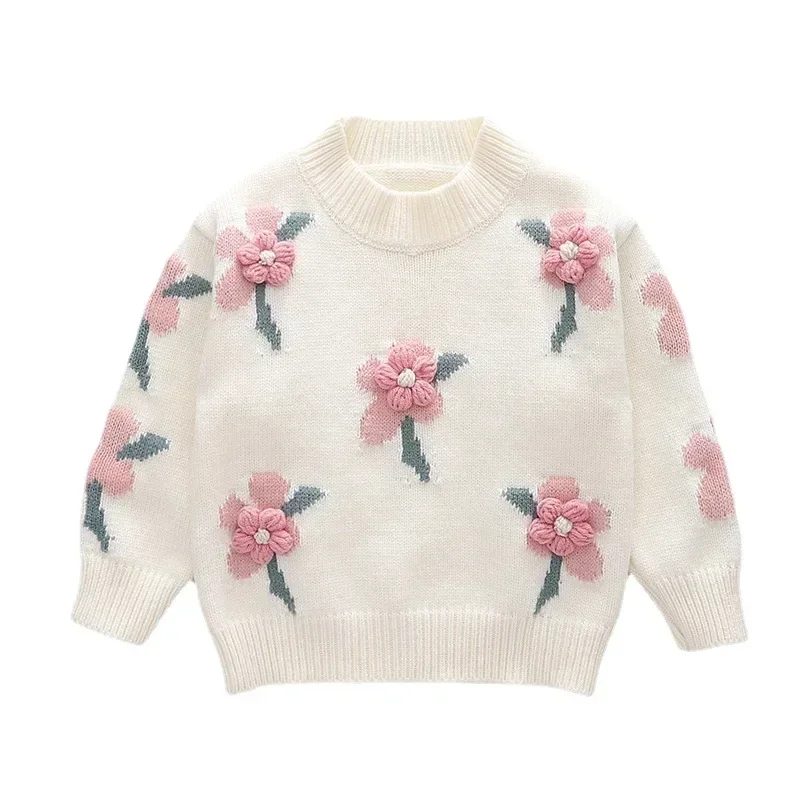 3-8 year old children\'s clothing autumn  winter new girl cute little flower baby knitted pullover children\'s sweater base shirt