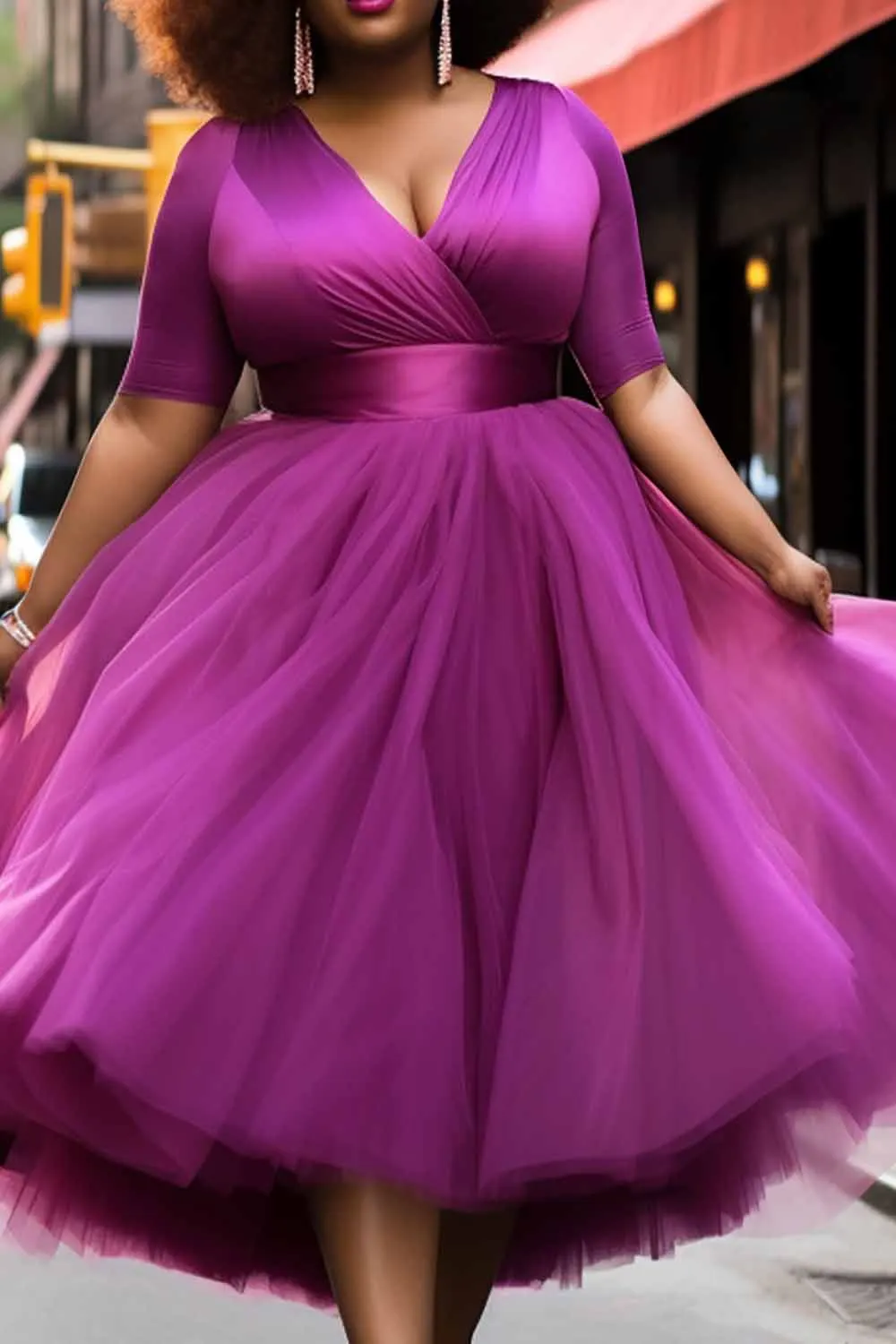 Plus Size Prom Elegant Purple Spring Summer Wrap Neck Short Sleeve Contrast Tulle Midi Dresses